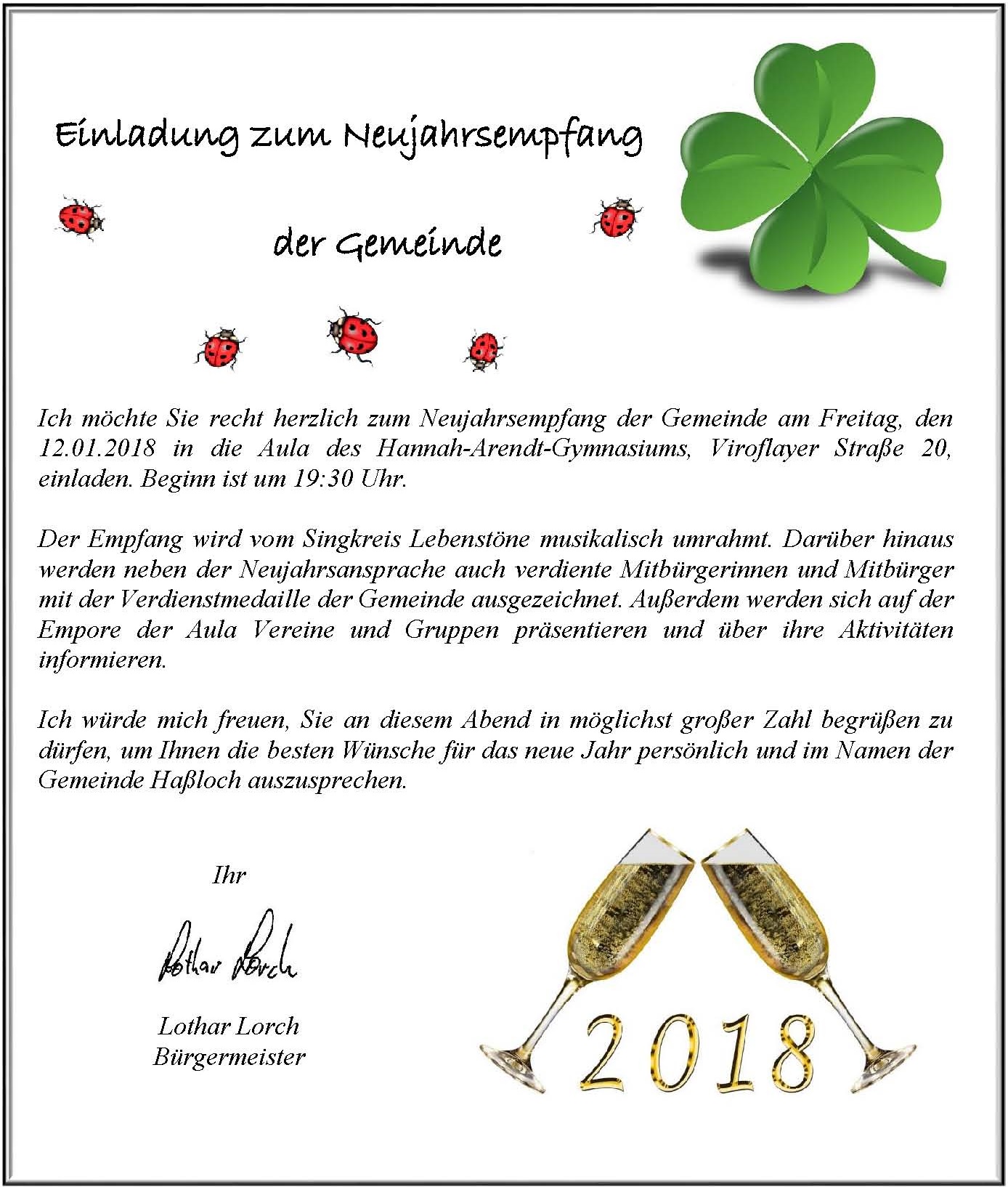 Einladung zum Neujahrsempfang 2018 Gemeindeverwaltung Haßloch